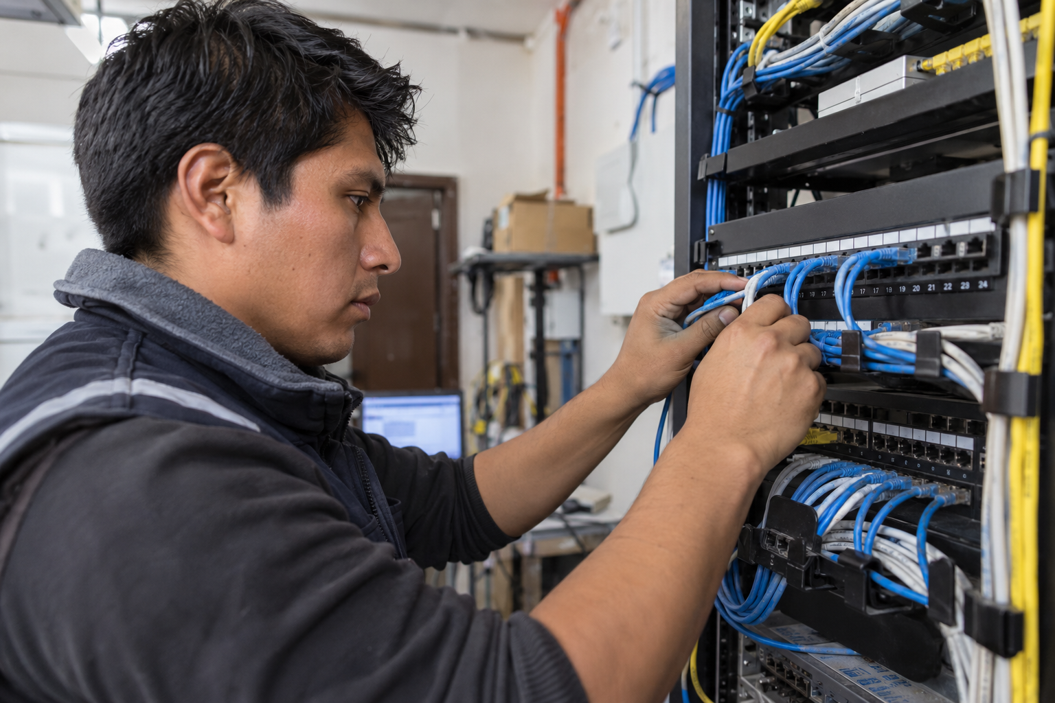 Escena ilustrativa de un técnico conectando cables en un rack de red